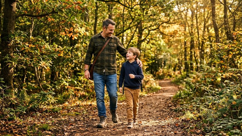 Un padre y su hijo caminando juntos por un sendero arbolado en una tarde soleada, uno al lado del otro, con paso tranqui