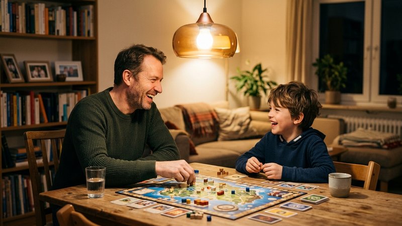 Un padre y su hijo jugando juntos a un juego de mesa en el salón, riéndose y relajados, ya sin rastro del conflicto ante