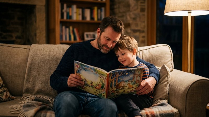 Un padre y su hijo leyendo juntos un libro ilustrado en el sofá del salón, muy cerca uno del otro, sin distracciones alr