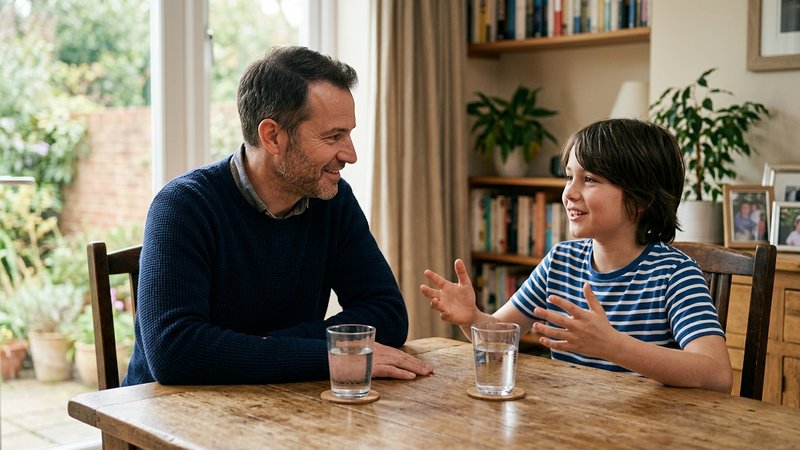 Un padre y su hijo de once años sentados frente a frente en la mesa del comedor, conversando con calma mientras el niño