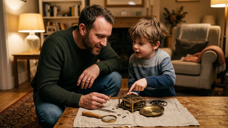 Un padre y su hijo pequeño agachados juntos en el salón mirando el interior de un reloj desmontado sobre un paño, con un