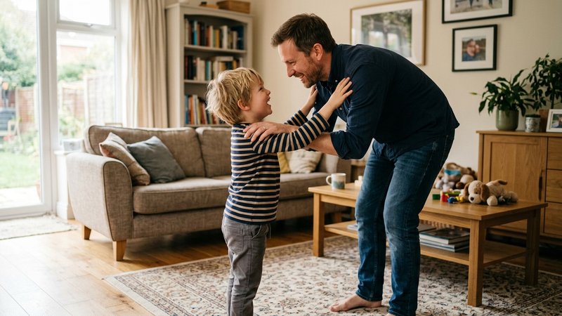 Un padre y su hijo pequeño de pie frente a frente en el salón, ambos tocándose los hombros al mismo tiempo, imitando mov
