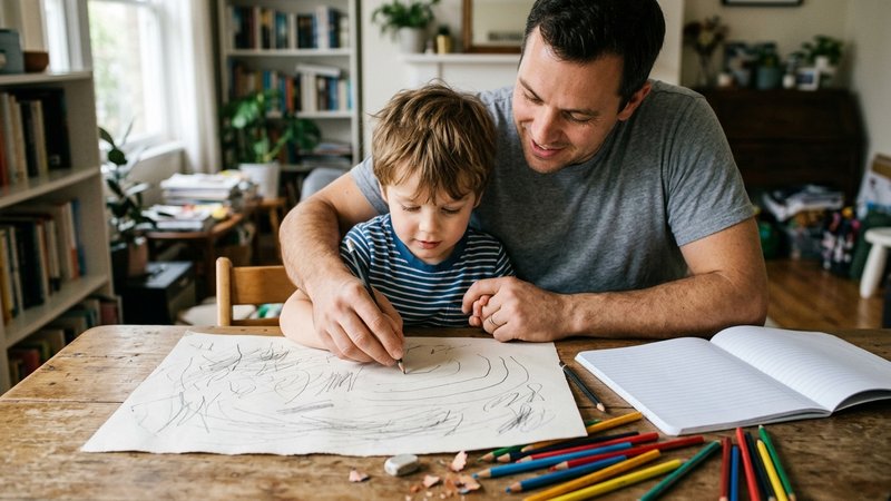 Un padre y su hijo pequeño practicando trazos con lápiz sobre una hoja grande apoyada en la mesa, el padre guiando suave
