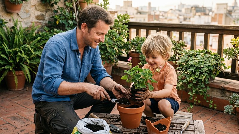 Un padre y su hijo pequeño reponiendo juntos una maceta rota en la terraza, el niño sujetando la planta mientras el padr