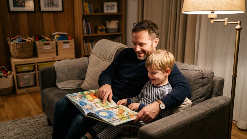 Un padre y su hijo pequeño sentados en el sofá leyendo juntos un cuento ilustrado, relajados y cómplices, con los juguet