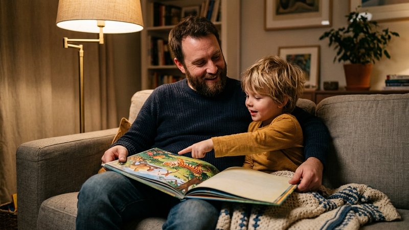 Un padre y su hijo pequeño sentados en el sofá leyendo un cuento ilustrado juntos, relajados y sin prisa, mientras el ni