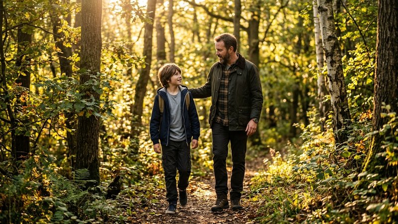Un padre y su hijo preadolescente caminando uno al lado del otro por un sendero arbolado, conversando con tranquilidad