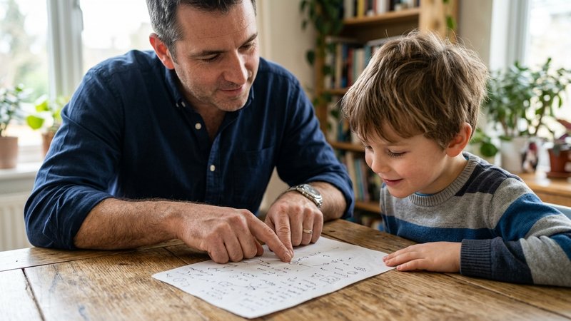 Un padre y su hijo revisando juntos una hoja sobre la mesa, el padre señalando un primer paso muy pequeño con el dedo mi