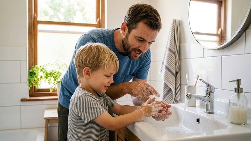 Un padre lavando las manos de su hijo pequeño en el lavabo del baño, señalando el agua y el jabón mientras le habla, amb