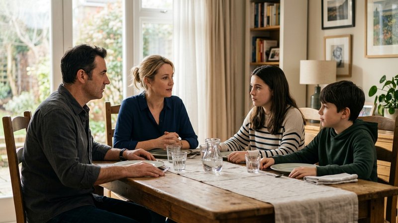 Un padre y una madre sentados juntos a un lado de la mesa del comedor y sus dos hijos enfrente, los cuatro en una conver