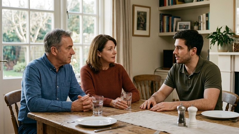 Un padre y una madre sentados juntos a un lado de la mesa del comedor y su hijo adulto enfrente, los tres en una convers