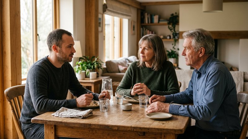 Un padre y una madre sentados juntos a un lado de la mesa del comedor y su hijo adulto enfrente, los tres en una convers