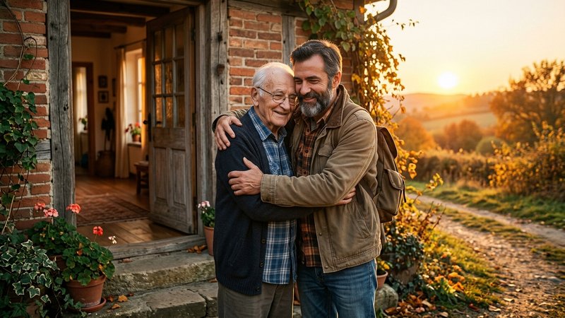 Un padre mayor y su hijo adulto abrazándose brevemente en la puerta de casa, con la luz dorada del atardecer detrás, amb