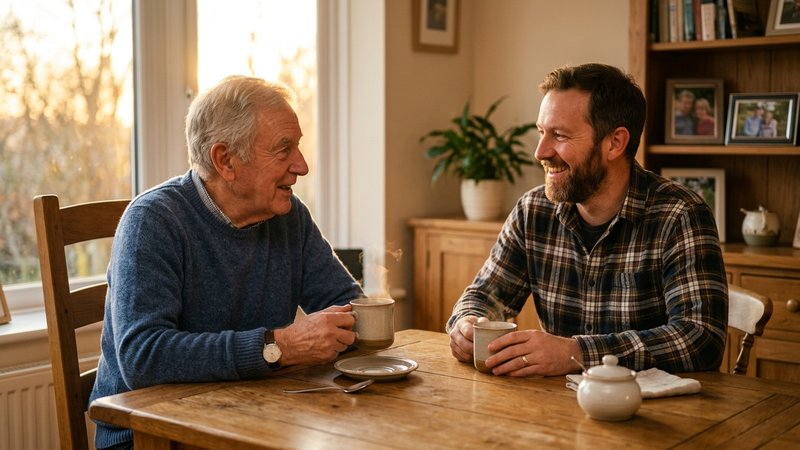 Un padre mayor y su hijo adulto compartiendo un café sentados a la mesa del comedor, conversando relajados y sonriendo,