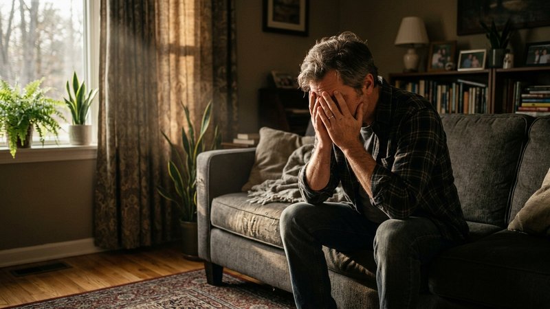 Un padre de mediana edad sentado solo en el borde del sofá del salón, con los codos en las rodillas y las manos cubriénd