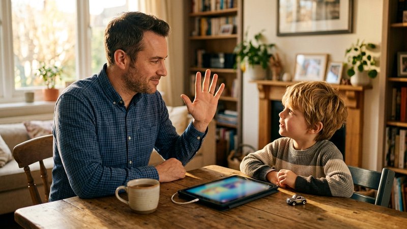Un padre mostrando cinco dedos a su hijo pequeño frente a una tablet apoyada en la mesa, avisándole con calma del tiempo