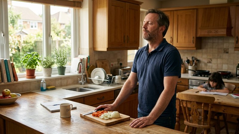 Un padre de pie en la cocina, con los ojos cerrados y respirando hondo, apoyando las manos en la encimera antes de girar