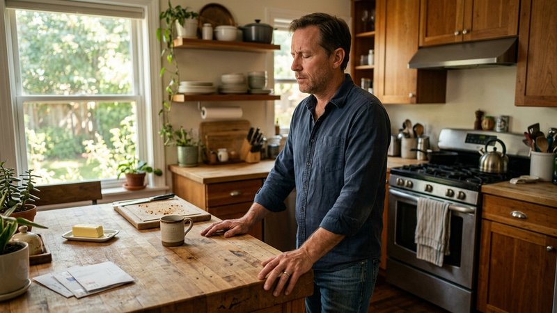 Un padre de pie en la cocina cerrando los ojos y respirando hondo, con las manos apoyadas en la encimera, antes de decid