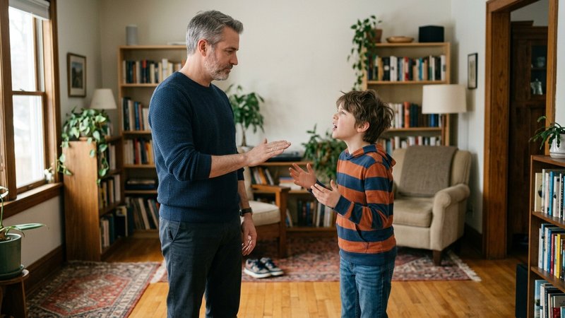 Un padre de pie con el cuerpo relajado y expresión completamente serena, levantando una mano en un gesto tranquilo de ce