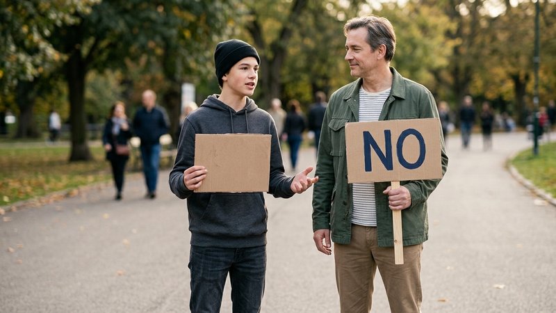 Un padre de pie con el cuerpo relajado y expresión completamente serena, sosteniendo una negativa con calma, mientras su