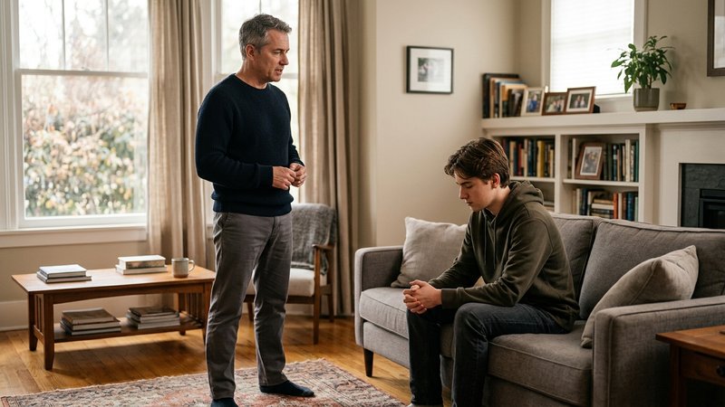 Un padre de pie en el salón con postura firme y serena, hablando claro a su hijo adolescente que lo escucha desde el sof