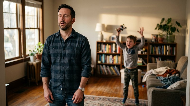 Un padre de pie en el salón respirando hondo con los ojos cerrados y los hombros relajados, conteniendo su reacción, mie