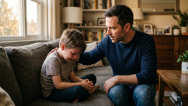 Un padre sentado en el borde del sofá junto a su hijo, que llora en silencio con los hombros hundidos; el padre le habla