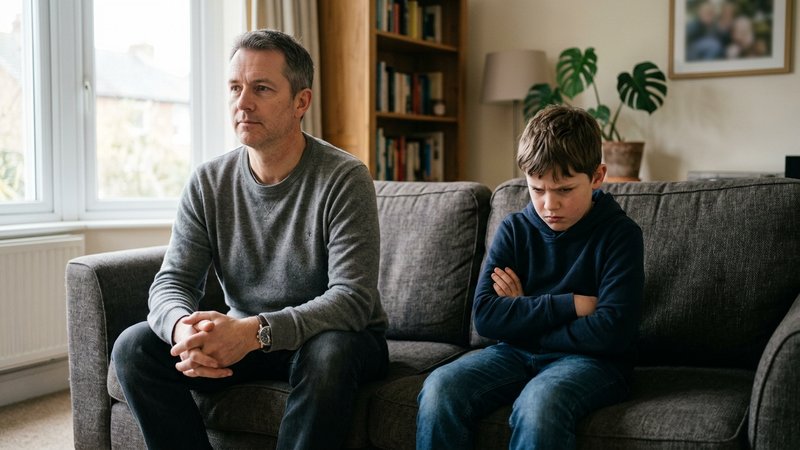 Un padre sentado con calma junto a su hijo, que está enfadado con los brazos cruzados, esperando a que baje la intensida