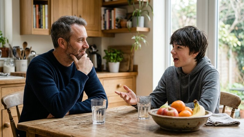 Un padre sentado frente a su hijo adolescente en la mesa de la cocina, inclinado ligeramente hacia él, escuchando con at