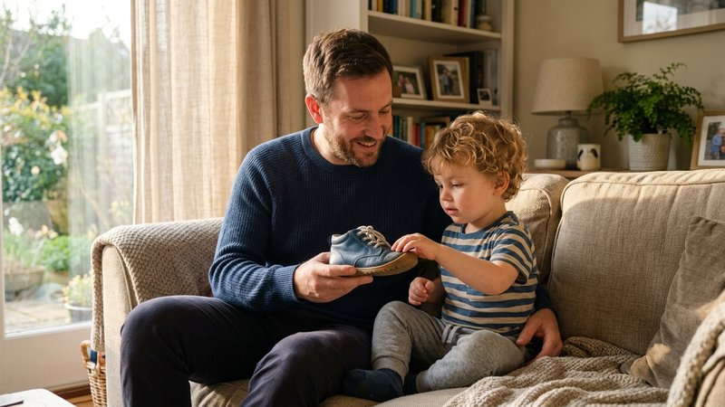Un padre sentado junto a su hijo pequeño en el sofá, sosteniendo un zapato en la mano y nombrándolo mientras el niño lo