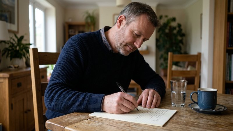 Un padre sentado a la mesa del comedor escribiendo con bolígrafo en una hoja de papel, ordenando ideas con calma, junto