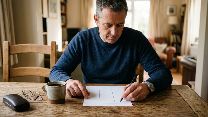 Un padre sentado a la mesa del comedor haciendo tres columnas con un bolígrafo en una hoja de papel, ordenando ideas con