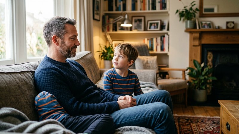 Un padre sentado en el salón mirando a su hijo con expresión atenta y una leve sonrisa tranquila, tomándose su tiempo an