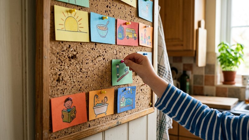 Un panel de corcho colgado en la cocina con pequeñas tarjetas de colores y dibujos sencillos de rutinas, y la mano de un