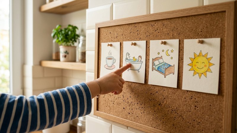 Una pared de cocina con un panel de corcho donde cuelgan varias tarjetas con dibujos sencillos e iconos de actividades c