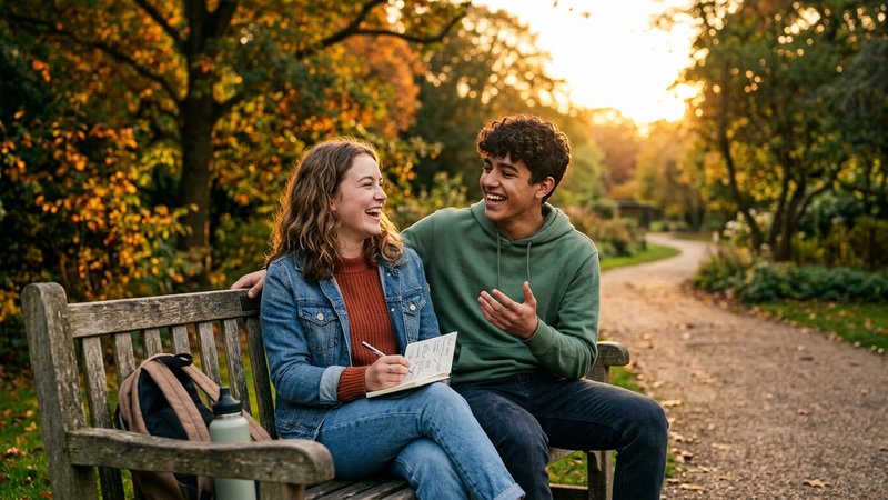 Una pareja de adolescentes sentados juntos en un banco de un parque al atardecer, hablando y riendo, idealizando planes