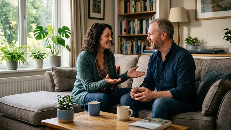 Una pareja adulta sentada frente a frente en el sofá del salón, conversando con calma, uno escuchando con atención mient