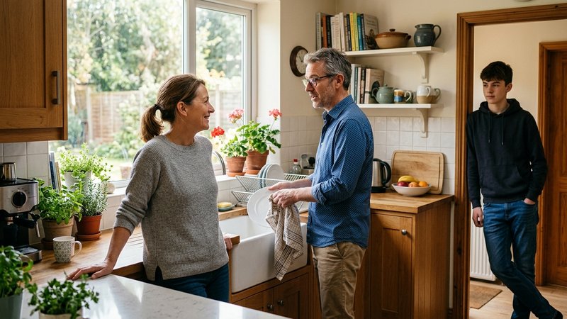 Una pareja de mediana edad conversando con respeto en la cocina, uno apoyado en la encimera y otro secando un plato, mie