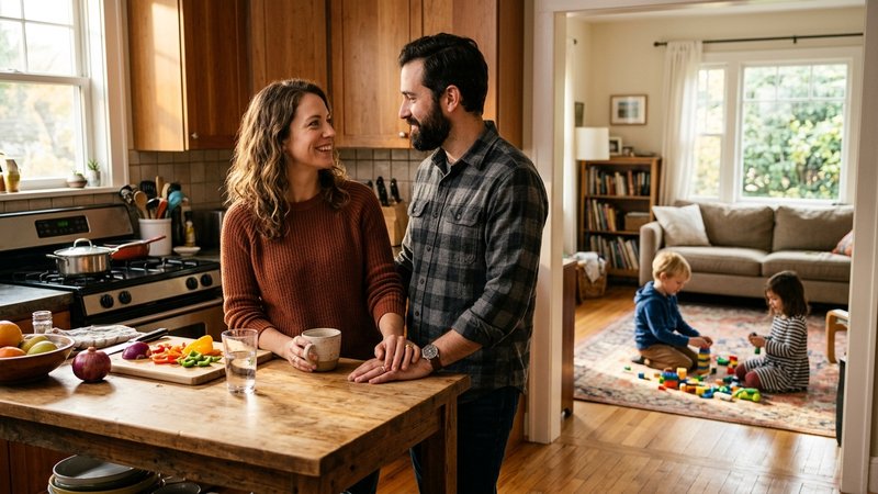 Una pareja de padres conversando entre ellos en la cocina, poniéndose de acuerdo en privado, mientras al fondo del salón