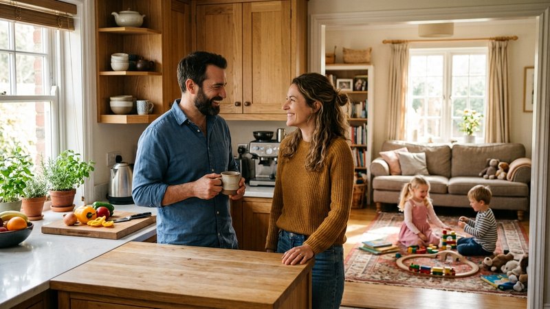 Una pareja de padres conversando entre ellos en la cocina, poniéndose de acuerdo con complicidad, mientras al fondo sus