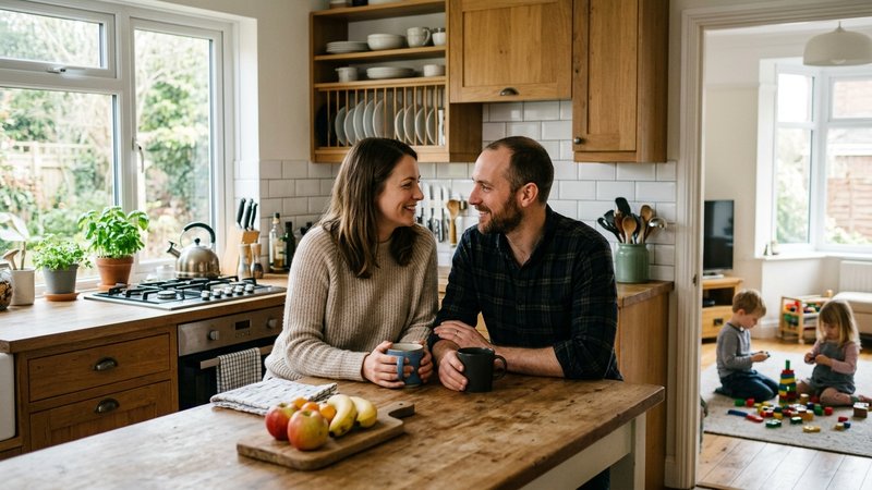 Una pareja de padres conversando entre ellos en privado en la cocina, poniéndose de acuerdo con complicidad, mientras su