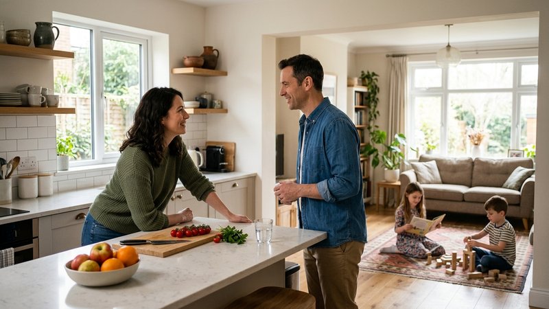 Una pareja de padres conversando entre ellos con respeto en la cocina, uno apoyado en la encimera, mientras sus hijos ju