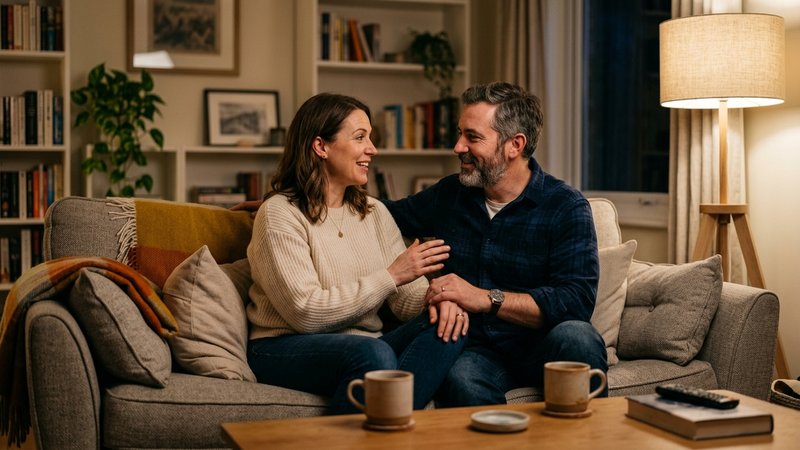 Una pareja de padres sentados juntos en el sofá del salón, hablando entre ellos con complicidad y acuerdo, apoyándose mu