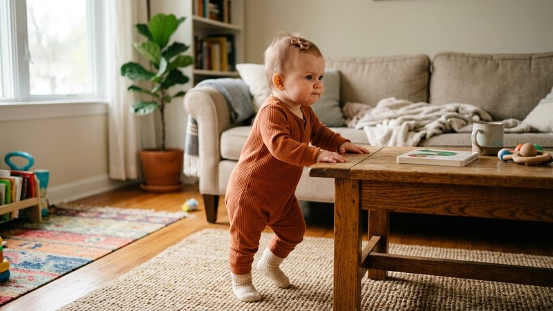 Un bebé desplazándose de pie agarrado al borde de una mesa baja de salón, mirando hacia adelante con decisión