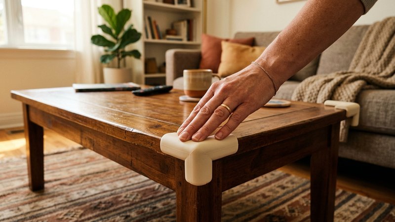 Una mano adulta colocando un protector acolchado en la esquina de una mesa baja de salón
