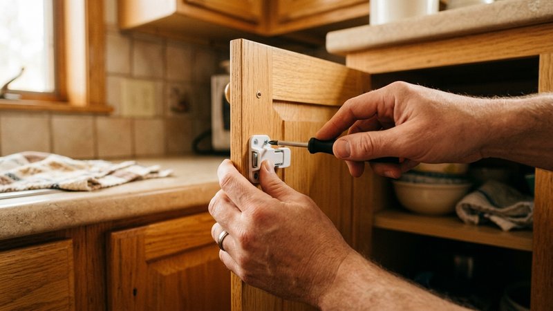 Un primer plano de una mano instalando un tope de seguridad en la puerta de un armario bajo de cocina