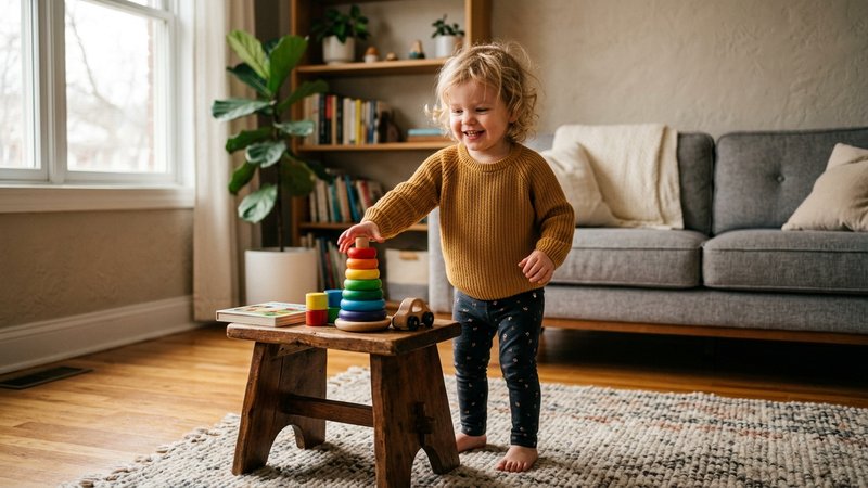 Un niño pequeño de pie sonriendo, alcanzando un juguete colorido sobre un taburete bajo en el salón