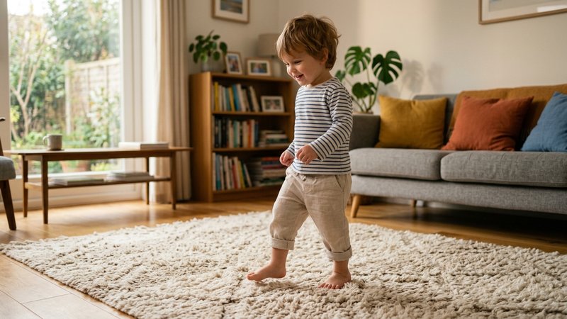 Un niño pequeño caminando descalzo sobre una alfombra suave de un salón luminoso