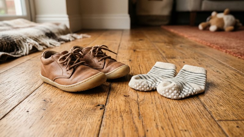 Un par de zapatos pequeños de suela flexible junto a unos calcetines antideslizantes sobre un suelo de madera