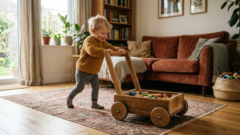 Un niño pequeño empujando un carrito de juguete de madera con base pesada por un salón luminoso